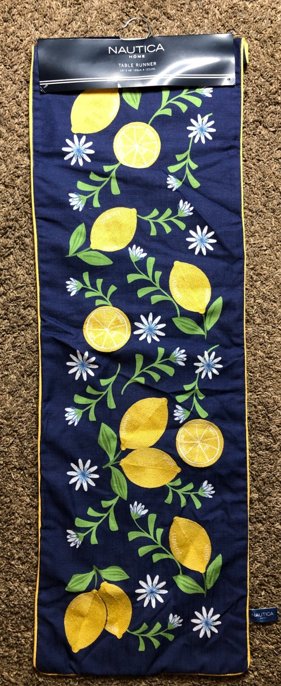 Embroidered Lemons & Daisies Table Runner Blue Background Nautica Home 48"x14"